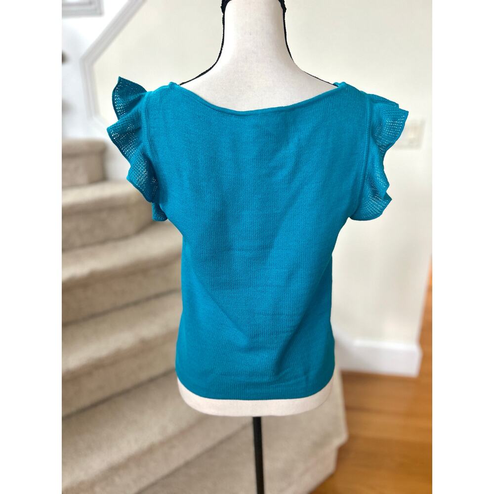 St. John Teal Blue Square Neck Flutter Sleeve Santana Knit Top - Picture 3 of 6